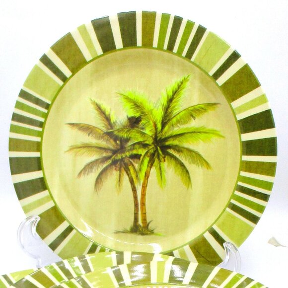 Set Of 4 Vintage Palm Tree Melamine Dinner Plates Green Tropical Durable Lightwe - Picture 3 of 4